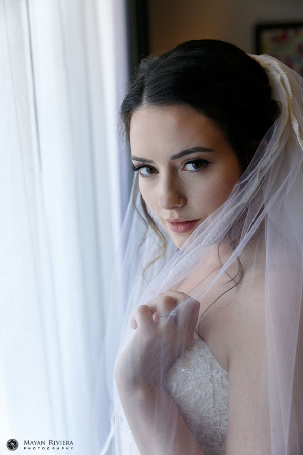 BrideStandsByWindowHoldingVeil