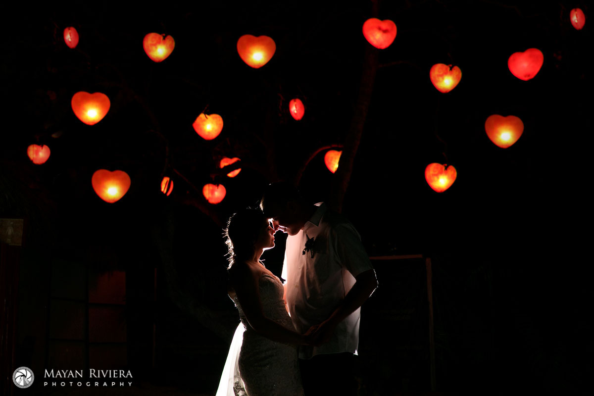 NewlywedsEmbraceUnderHeartLights