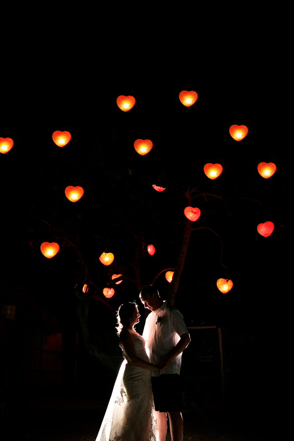 NewlywedsEmbraceUnderHeartLights
