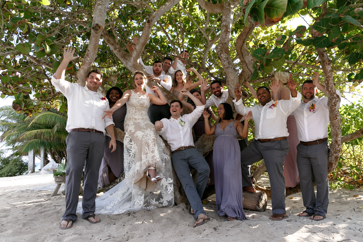 NewlywedsPoseWithWeddingPartyInTree