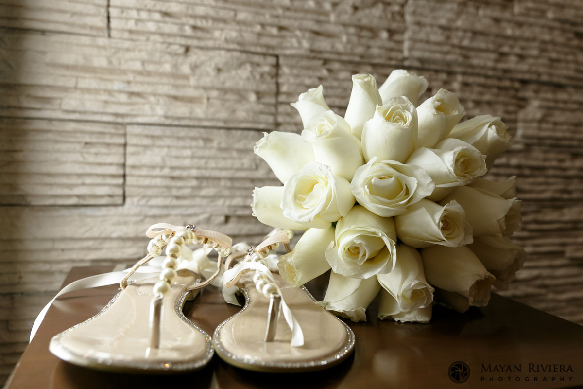 WhiteRoseBridalBouquetAndSparklySandals